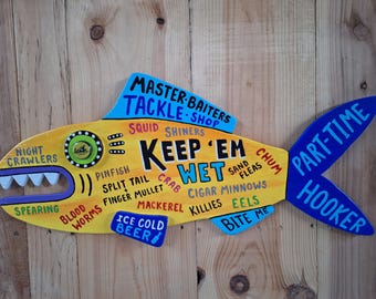 Bait N Tackle TIKI Bar SURF Shark Fish Sign Key West Nautical Tropical Restaurant Bar Coastal Man Cave Primitive Outsider Folk Art RoxaneJ