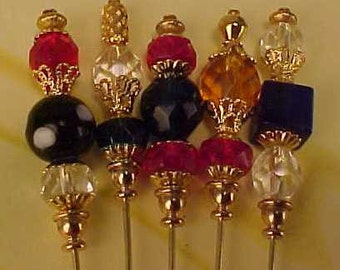 5 Diff Hatpins Lampwork Beads 3" long gold tone fire crystal glass beads We sell hat stick pin blanks make your own findings supplies S15