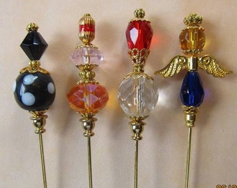 4 Diff Hatpins 3 inches long ANGEL Wings LAMPWORK Glass Beads...We sell hat stick pin blanks,make your own,findings supplies...S41