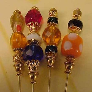 4 Diff Hatpins 3&quot; long gold tone Assorted Fire Crystal Glass Beads We sell hat stick  pin blanks make your own findings craft supplies S20