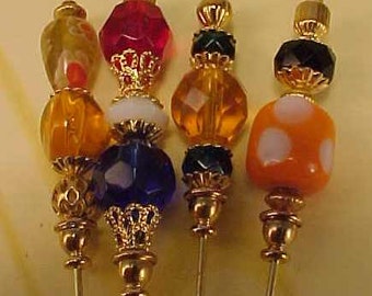 4 Diff Hatpins 3" long gold tone Assorted Fire Crystal Glass Beads We sell hat stick  pin blanks make your own findings craft supplies S20