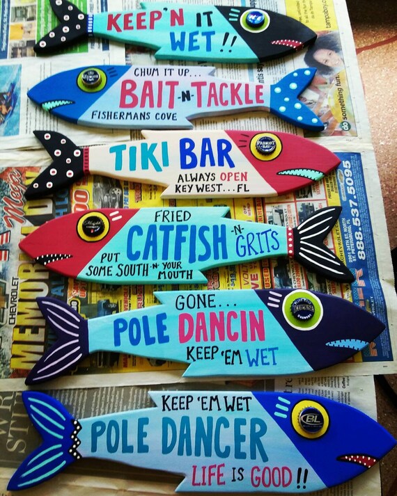 Happy Hookers BAIT N TACKLE Sign Lures and Whores Fish Key West Beach  Surfer Nautical Mancave Primitive.. Outsider Folk Art by Roxanej 