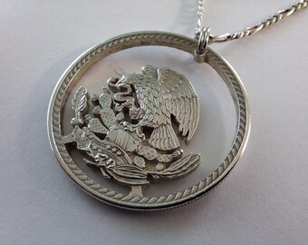 Mexico National Arms Eagle with Snake Coin Charm Pendant RARE Jewelry Silver Vintage Unique Old Cash Money US Handmade