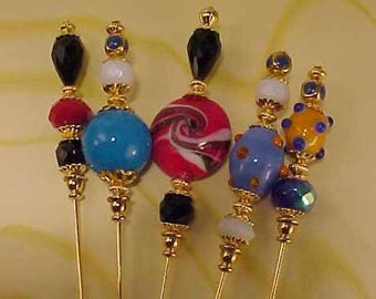 5 Diff Beautiful Hatpins LAMPWORK 6" long We sell hat hair cigar stick pin blanks make your own findings supplies accessories gift S38