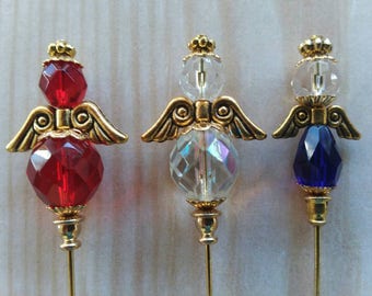3 Diff Hatpins Red White and Blue Angel Wing Glass Beads 3" long We sell hat stick hair pin blanks make your own craft findings supplies S33
