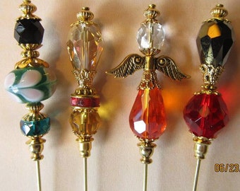 4 Diff Hatpins 6" gold tone ANGEL Wings RED Fire Crystal Glass Beads We sell hat stick  pin blanks make your own findings supplies S13