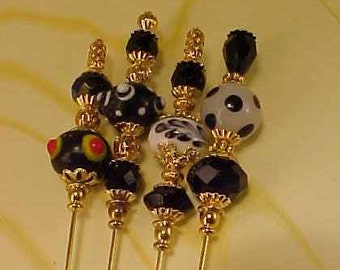 4 Diff Hatpins LAMPWORK BEADS 6 inches long. .We sell hat stick  pin blanks,make your own,findings supplies...S6