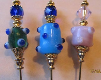 3 Diff Hatpins Beautiful Blue Glass Beads 3 inches long Vintage Gift We sell hat stick pin blanks make your own,findings supplies...S46
