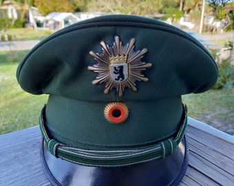 Vintage German Berlin State Police Cop Hat Helmet Cap Authentic Army Green 1988 Size 56 Mutzen ambh Collectors Badge RARE Finding Accessory