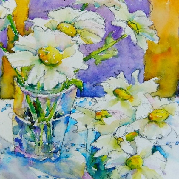 Hand Painted Original Watercolour Painting of beautiful white daisies - great gift, suits every room, floral, still life - 8x10" on paper