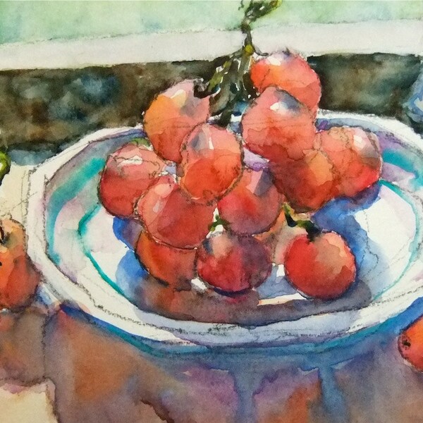 Hand Painted Original Watercolour Painting of sunlit grapes on a windowsill, fruit still life, Great Gift! - 5x7"painting with 8x10"mat.