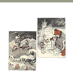 May include: Two illustrations from a children's book. The first shows a group of children in a boat on a stormy sea. The second shows a fox and a child in a snowy landscape.