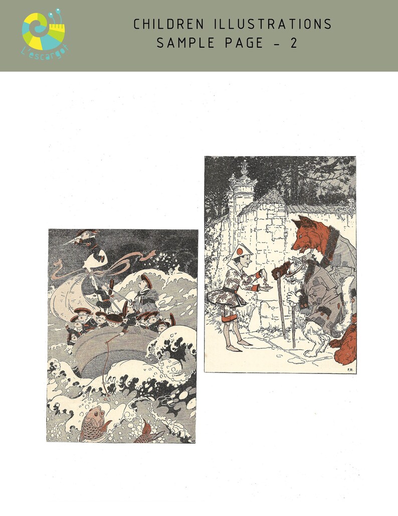 May include: Two illustrations from a children's book. The first shows a group of children in a boat on a stormy sea. The second shows a fox and a child in a snowy landscape.
