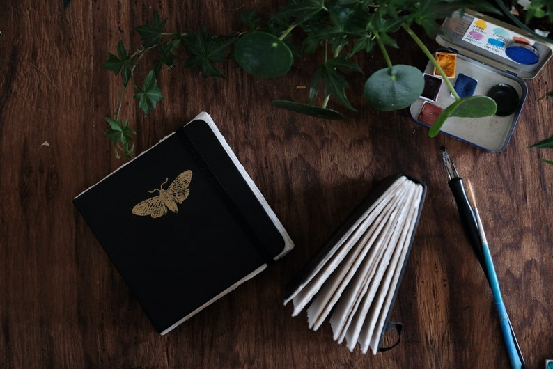 May include: A black notebook with a gold moth illustration on the cover, a second open notebook with visible white pages, a metal watercolor paint tin with six colorful pans, and a black and blue paintbrush with a metal ferrule.