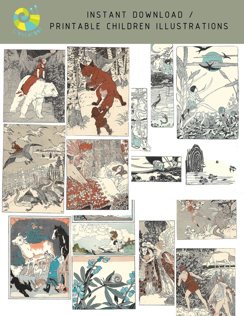May include: A collection of 12 vintage illustrations featuring children and animals. The illustrations are in black and white with a touch of colour. The illustrations are perfect for adding a touch of whimsy to any project.