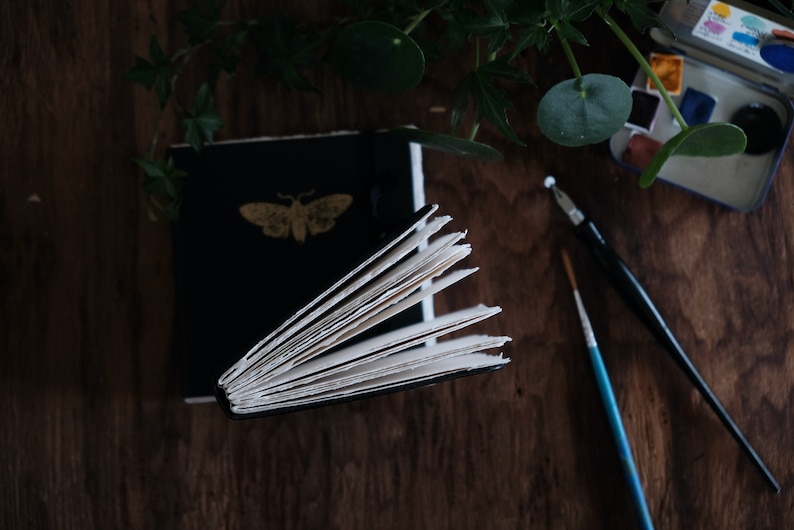 May include: A black journal with a gold moth emblem on the cover, featuring thick, textured, deckled-edge paper pages. Beside the journal are a metal dip pen, a thin paintbrush, and a small metal watercolor paint tin with various colors.