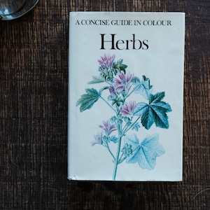 Op de afbeelding: Een vintage boek getiteld "Herbs" met een botanische illustratie van een plant met blauwgroene bladeren en roze bloemen. Het boek ligt op een donkere houten ondergrond, met een vergrootglas en ketting in de buurt.