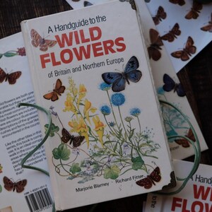 May include: A book titled "A Handguide to the Wild Flowers of Britain and Northern Europe" with illustrations of butterflies and wildflowers. The book is open, revealing colorful images. Other books and butterfly stickers are in the background.