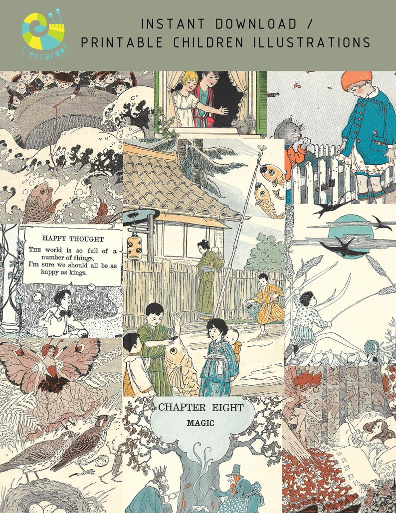 May include: A collection of printable illustrations featuring children in various scenes. The illustrations are in a vintage style and feature a variety of colours, including blue, green, red, and yellow. The illustrations are perfect for use in children's books, scrapbooks, or other creative projects.