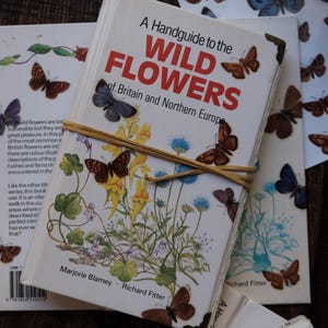 May include: A book titled "A Handguide to the Wild Flowers of Britain and Northern Europe" is bound with a rubber band. The cover features illustrations of wildflowers and butterflies. Additional butterfly illustrations are scattered around the book.