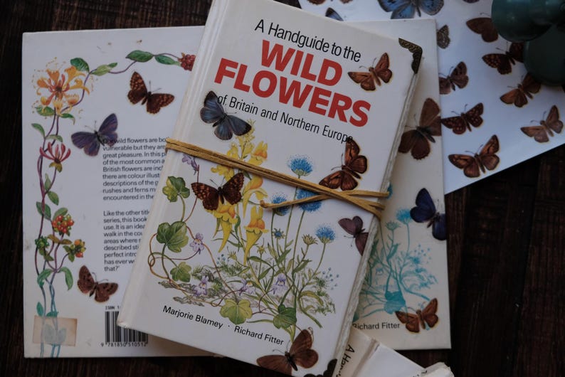 May include: A book titled "A Handguide to the Wild Flowers of Britain and Northern Europe" is bound with a rubber band. The cover features illustrations of wildflowers and butterflies. Additional butterfly illustrations are scattered around the book.