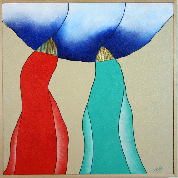 Modern Abstract Wood Wall Art Painting Decor Teal Gold Red Etsy