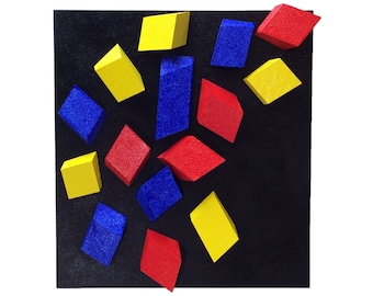 Geometric wood wall art.  Modern Abstract 3d Wall Sculpture art.  Red yellow blue painting.   Dimension wall art    Contemporary Pop Art