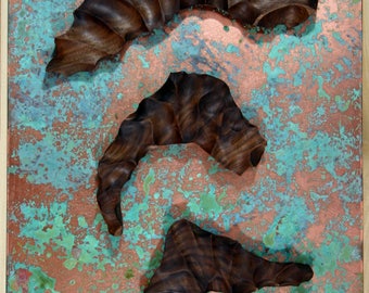 Copper Wall Sculpture. Wood Wall Sculpture Art.  Modern Abstract Sculpture.  Unique Carved Wood Art.  Textured Contemporary Office