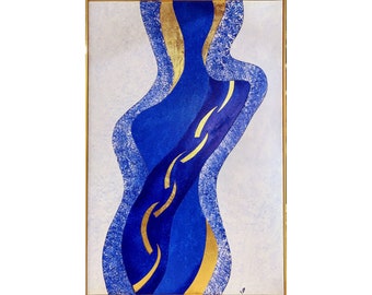 Modern Abstract figurative woman            Wood Wall Art Painting Blue Gold        Geometric wood wall art