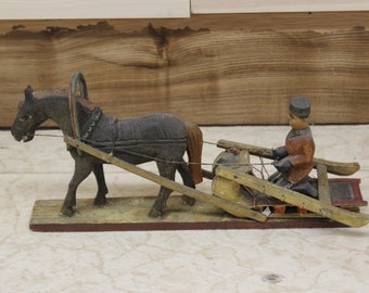 Antique Wooden Horse Drawn Sled Figurine