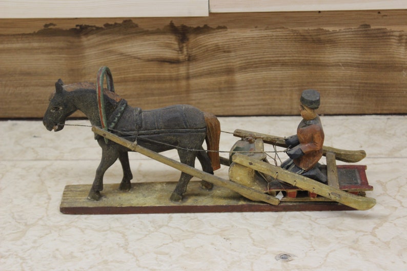 Antique Wooden Horse Drawn Sled Figurine Etsy