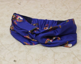 Blue Satin Headband with Floral Pattern