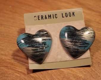 Teal / Silver / Black Heart Earrings, item #175