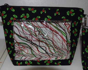 Project Bag, Window Bag, Vinyl Window Bag, Travel Bag, Ditty Bag, Bingo Bag, Knitting Bag, Sewing Bag, Crochet Bag, Winter , Holly