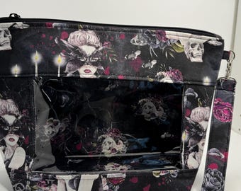 Project Bag, Window Bag, Storage Bag, Travel Bag, Ditty Bag, Bingo Bag, Knitting Bag, Sewing Bag, Crochet Bag, Skull and Rose Vampire Gothic
