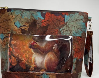 Project Bag, Window Bag, Storage Bag, Travel Bag, Ditty Bag, Bingo Bag, Knitting Bag, Sewing Bag, Crochet Bag,  Autumn Squirrel
