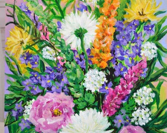 Garden Bouquet Painting  Acrylic on Canvas Board  Unframed  Bright Floral Painting Spring Summer Mothers Day