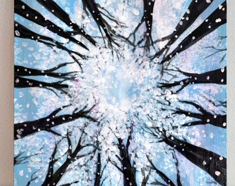 Up In The Trees Acrylic Painting  Snow Scene  Skyscape  Winter Affordable Art Small Painting  Blues Black White Abstract Ready To Hang
