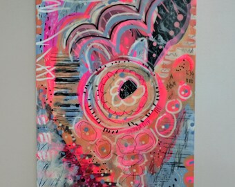 Abstract Acrylic Encaustic Art Mixed Media Pink Grey Black White Wall Art Ready To Hang For Her Small Wall Art OOAK