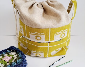 Crochet Bag Project Drawstring Bag Knitting Yarn Tote Expandable  Gift For Her Makers Tote Rice Bag Fabric Handmade Project Storage