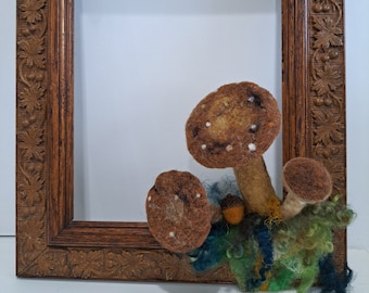 Needle Felt Brown Mushroom Frame Vignette Wet Felt Woodland Scene 3 D Vintage Frame Wooded Fiber Art  Sculpted Wool Moss Forest Scene OOAK