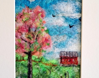 Needle Felted Wool Painting: Red Barn Farm Landscape, Matted 8x10