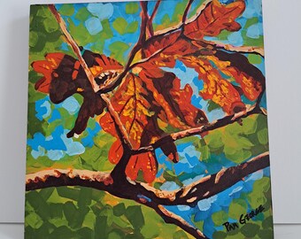 Fall Oak Leaf Painting: Abstract Acrylic Forest Art (10x10 in)