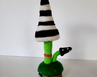 Needfelted Mushroom  Felted  3D  Fiber Art Textile  Handmade  Striped Mushroom Sculpture  Mushroom Black White   Scandi Teen Gift