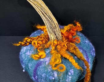 Wet Felted Wool Pumpkin: Fall Fiber Art Decor - Purple & Teal