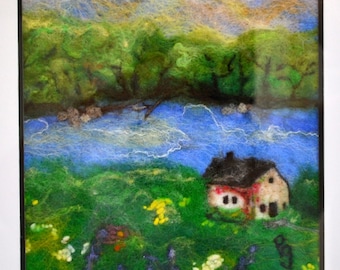Wool Painting   Needle Felted Art  Farm House River Bank Woodland Felted Painting Flowers Trees  Original OOAK Framed Ready To Hang Gift
