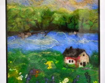 Needle Felted Wool Painting: Farmhouse Riverbank Landscape, Framed Art