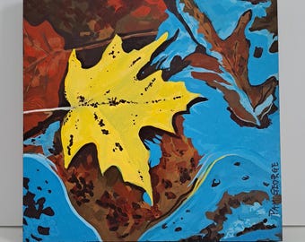 Fall Maple Leaf Acrylic Painting: Creek Stream Wall Art (10x10 in)