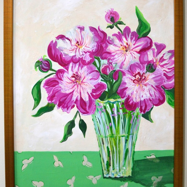 Peinture acrylique pivoine encadrée professionnellement Art floral dans un vase en verre rose et vert Art mural prêt à accrocher Nature morte botanique