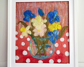 Wool Painting: Iris & Daffodils Still Life - Framed Fiber Art